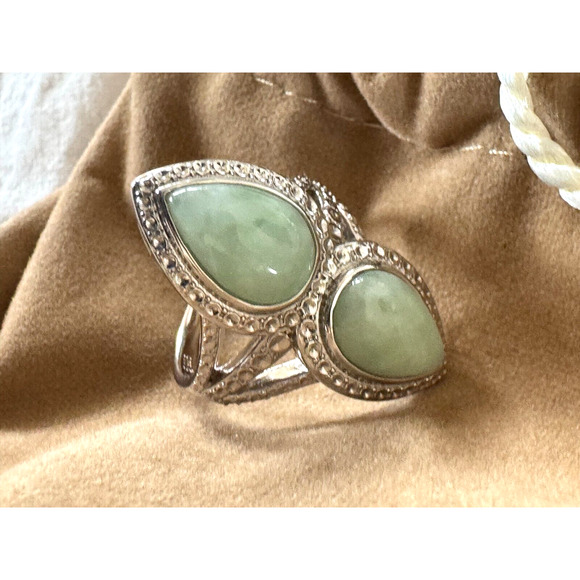 QVC Sterling Silver Double Pear Shaped Green Stone Elongated Jade Ring Sz 8.5 9 - Picture 3 of 10